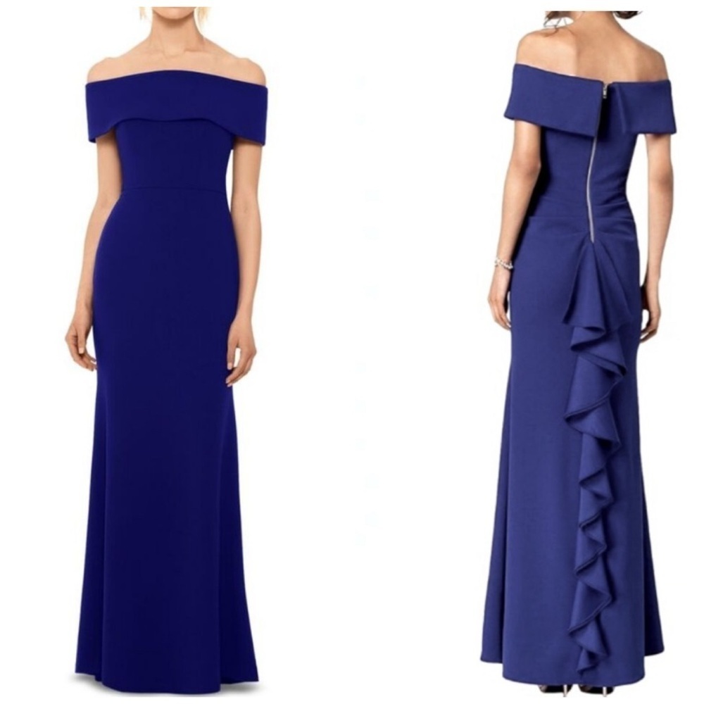 Betsy & Adam Off the Shoulder Ruffled Back Gown Navy Blue 14